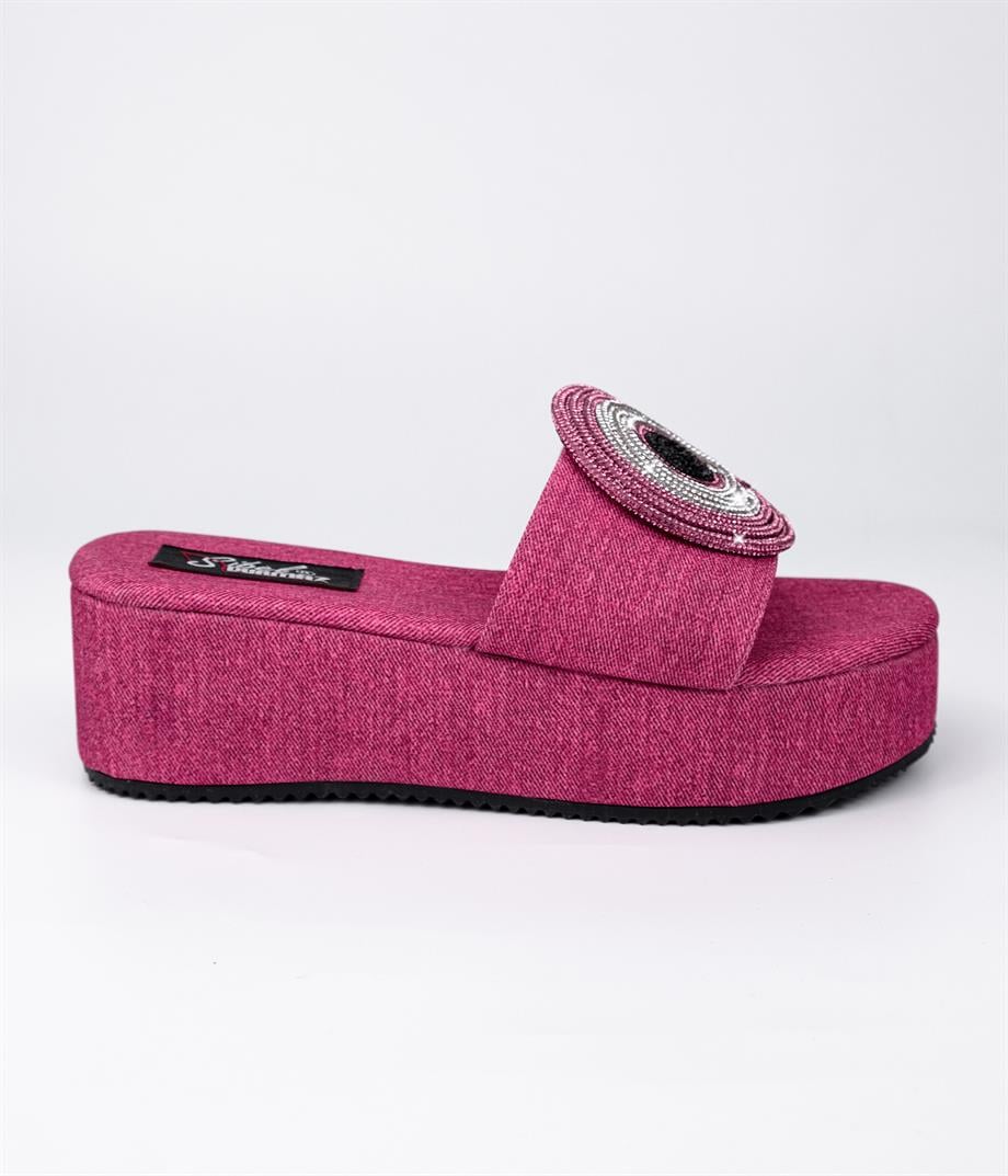 Sugar Pembe Denim Taş Detaylı Terlik