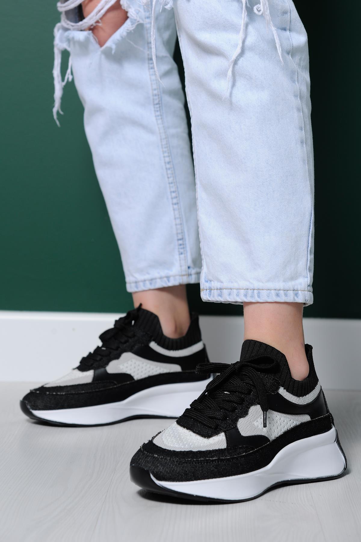 Tor Siyah & Beyaz Bağcıklı Sneakers 