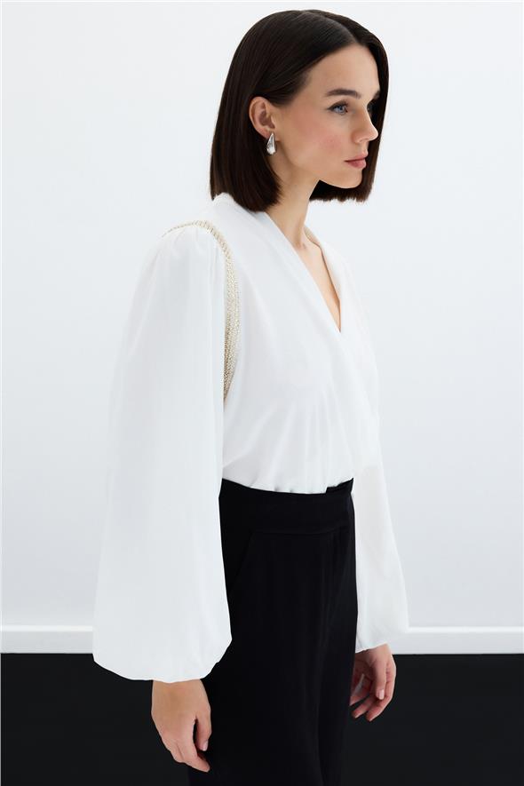 Aksesuar Detaylı Bodysuit Bluz - Ekru