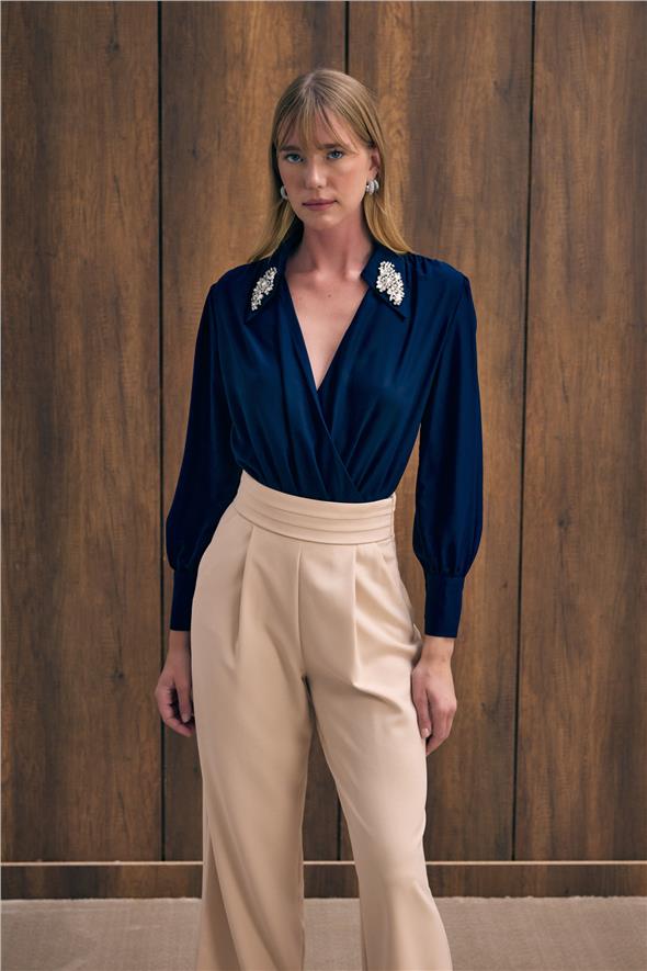 Aksesuar Detaylı Bodysuit Bluz - Lacivert