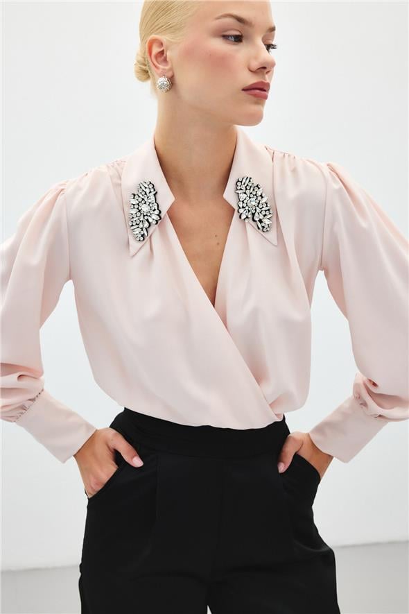Aksesuar Detaylı Bodysuit Bluz - Pudra