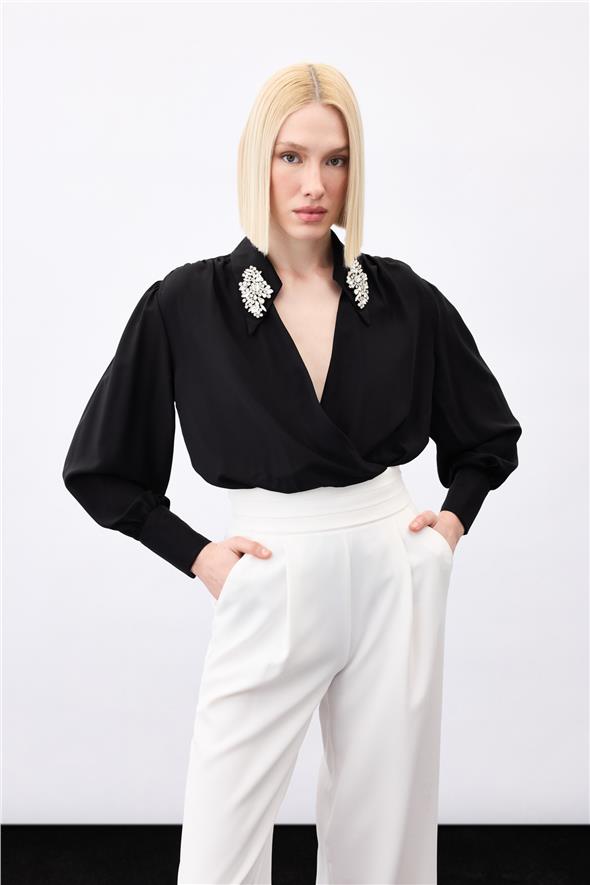 Aksesuar Detaylı Bodysuit Bluz - Siyah