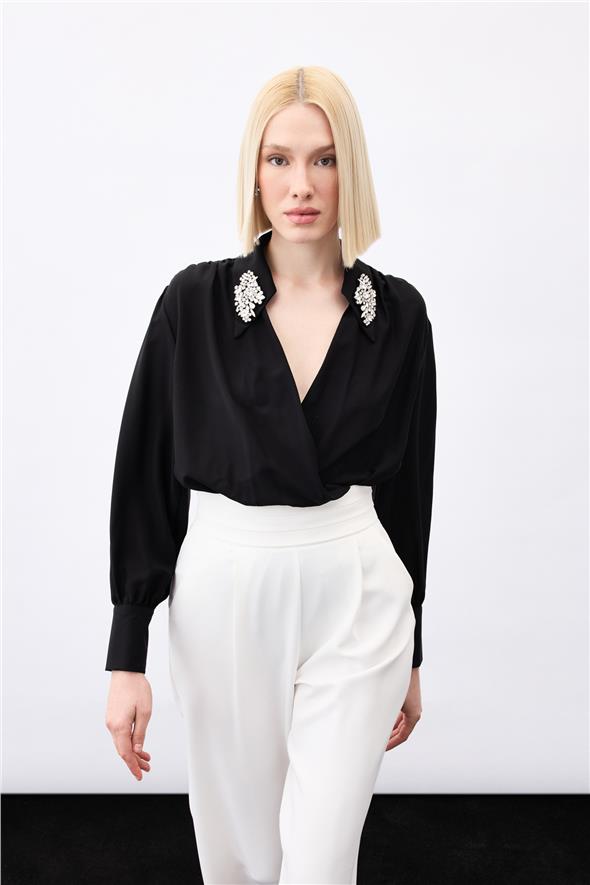 Aksesuar Detaylı Bodysuit Bluz - Siyah