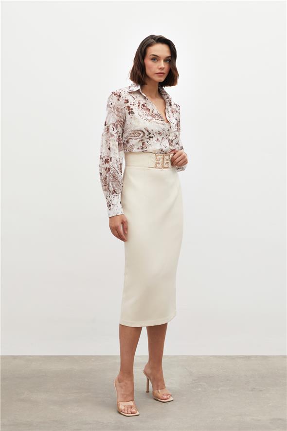 Aksesuar Detaylı Kalem Etek - Bej