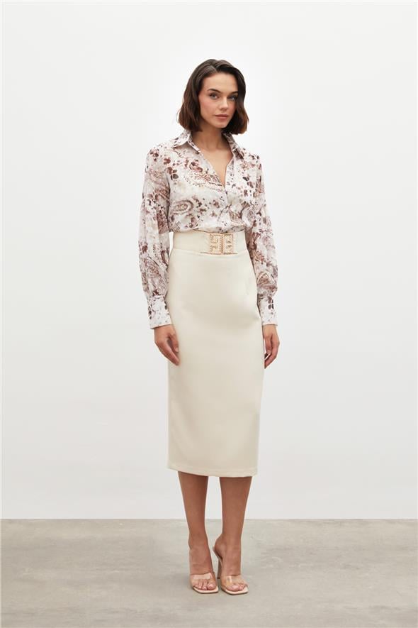 Aksesuar Detaylı Kalem Etek - Bej