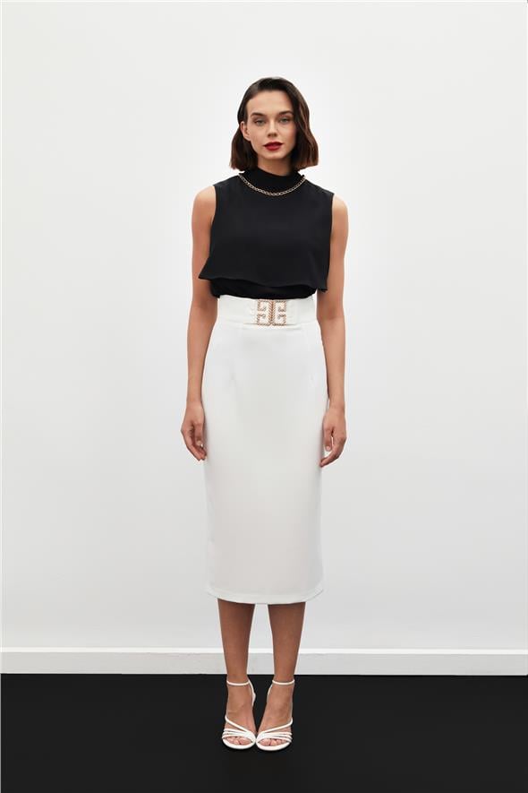 Aksesuar Detaylı Kalem Etek - Ekru
