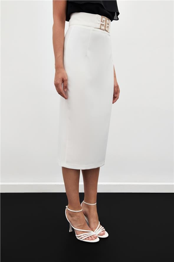 Aksesuar Detaylı Kalem Etek - Ekru