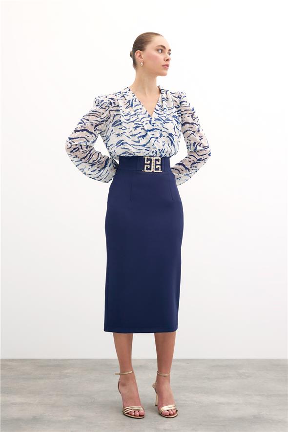 Aksesuar Detaylı Kalem Etek - Lacivert