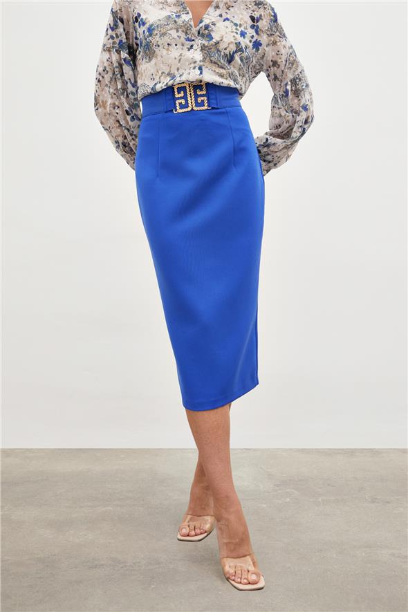 Aksesuar Detaylı Kalem Etek - Mavi
