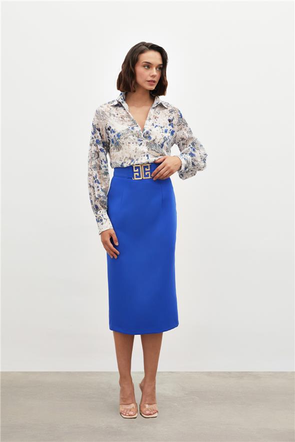 Aksesuar Detaylı Kalem Etek - Mavi