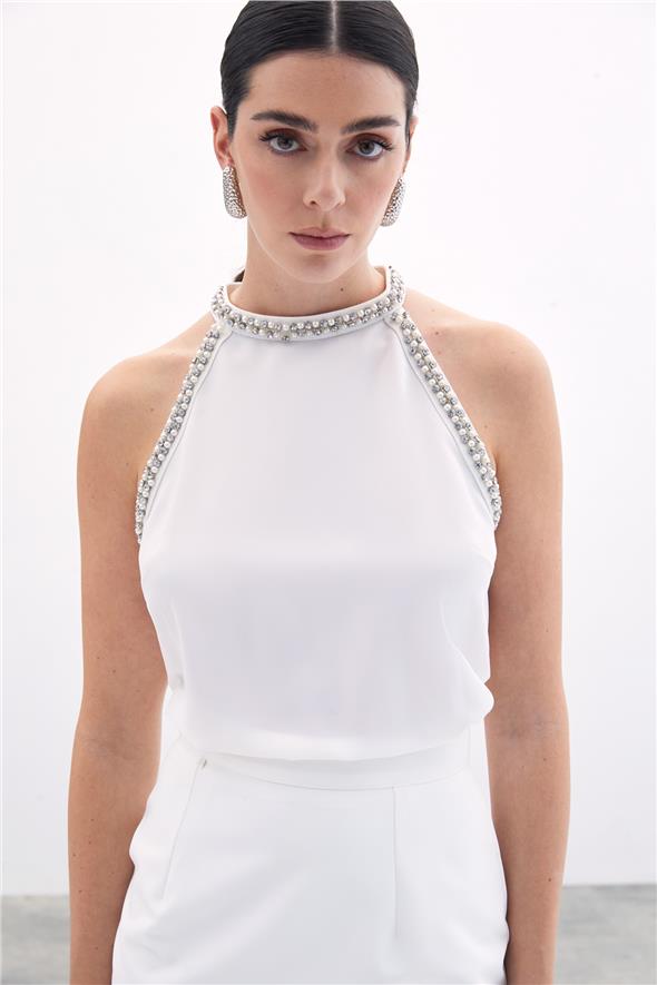 Aksesuar Detaylı Kolsuz Bluz - Ekru