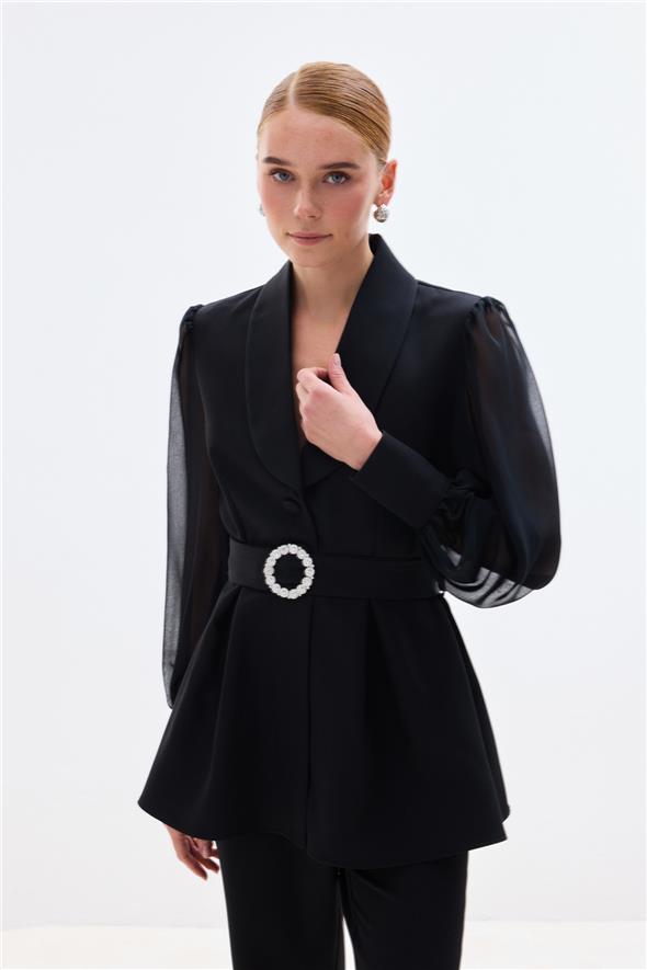 Aksesuar Kemerli Bluz - Siyah