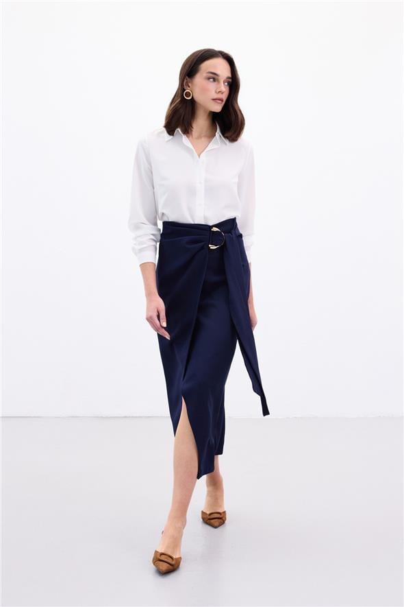 Aksesuar Kuşaklı Yırtmaçlı  Etek - Lacivert