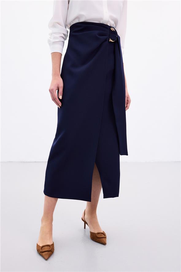 Aksesuar Kuşaklı Yırtmaçlı  Etek - Lacivert