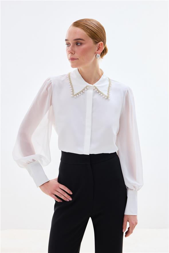 Aksesuar Yakalı Gömlek - Ekru