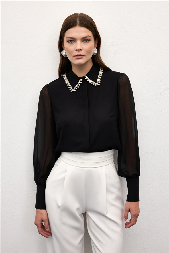 Aksesuar Yakalı Gömlek - Siyah