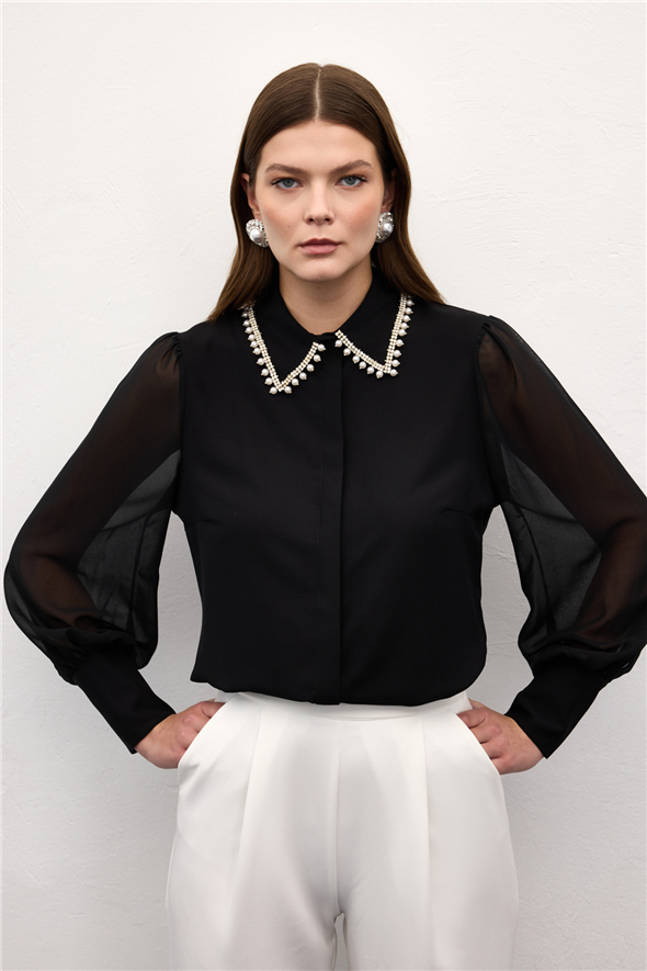 Aksesuar Yakalı Gömlek - Siyah