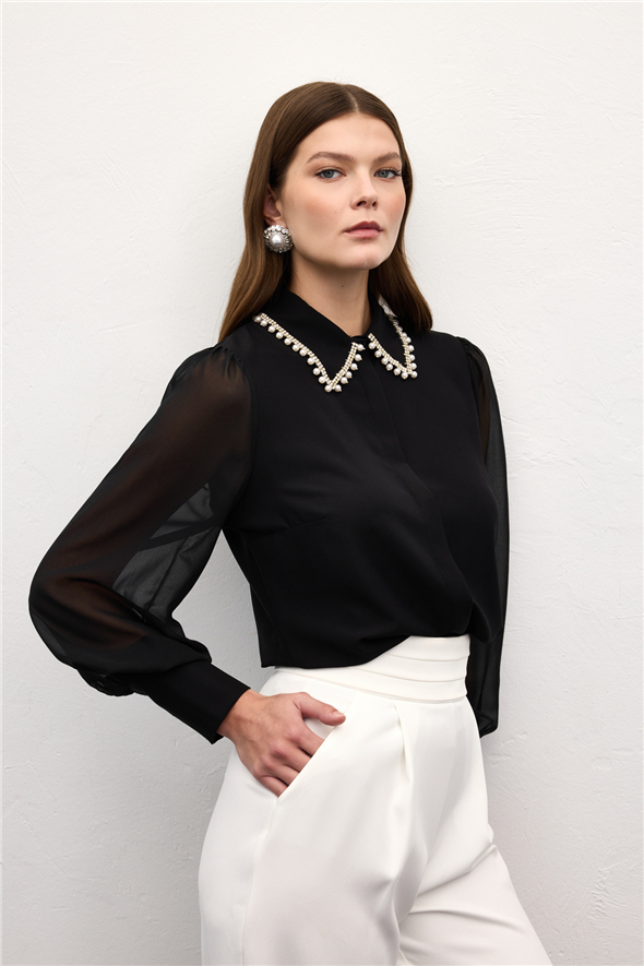 Aksesuar Yakalı Gömlek - Siyah