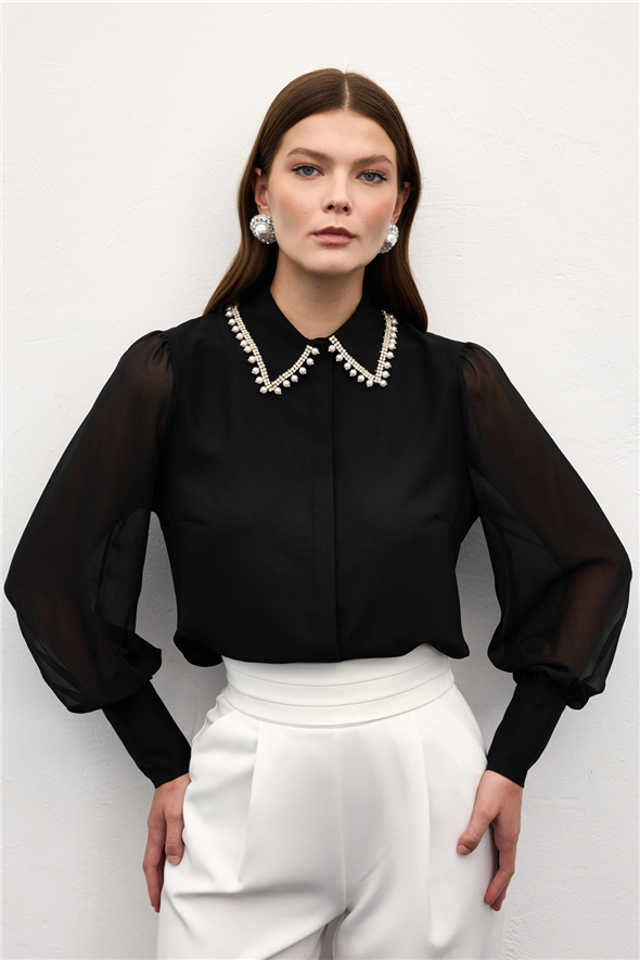 Aksesuar Yakalı Gömlek - Siyah