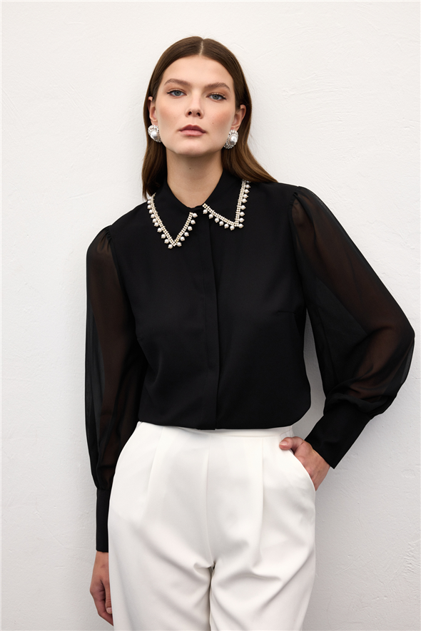 Aksesuar Yakalı Gömlek - Siyah