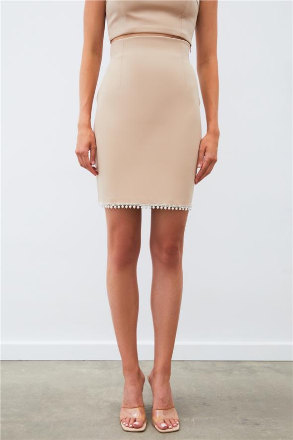 Aksesuarlı Kısa Etek - Bej