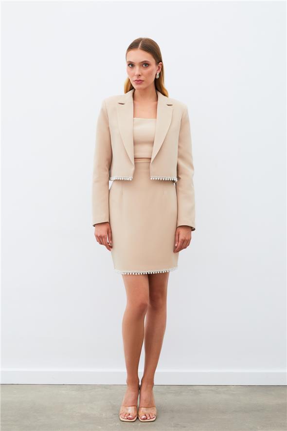 Aksesuarlı Kısa Etek - Bej