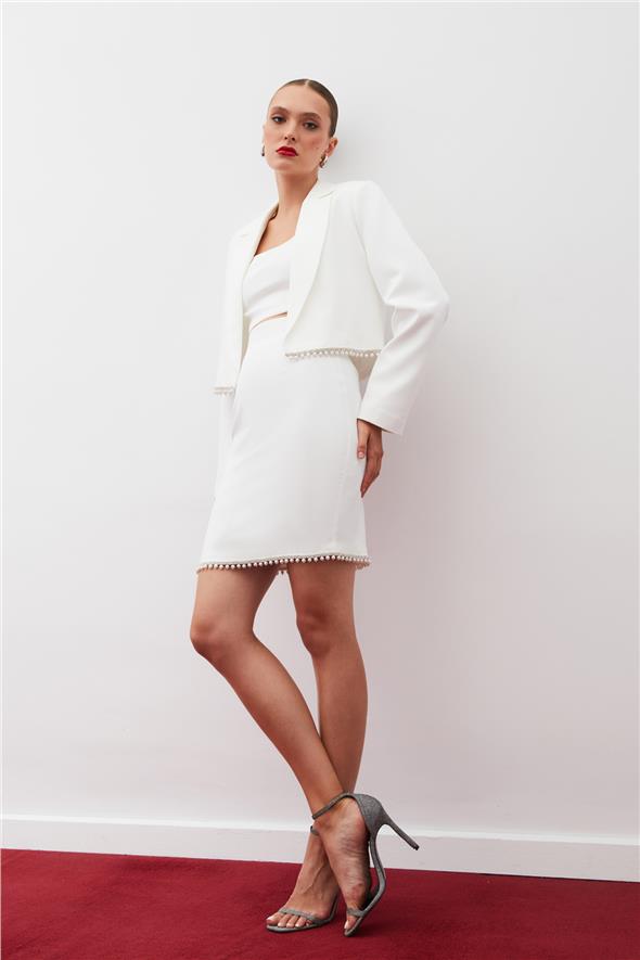 Aksesuarlı Kısa Etek - Ekru