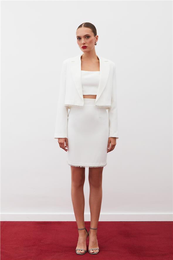 Aksesuarlı Kısa Etek - Ekru