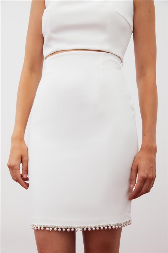 Aksesuarlı Kısa Etek - Ekru