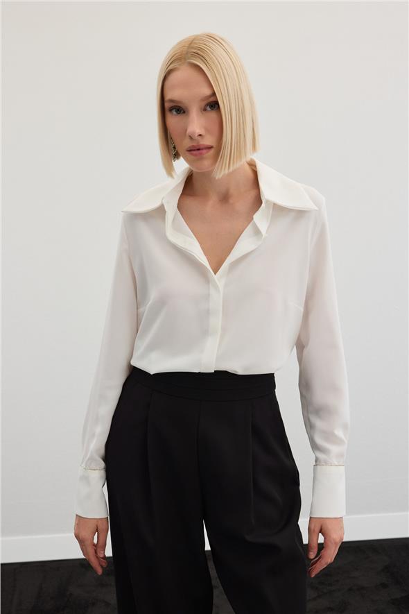 Aksesuarlı Klasik Gömlek - Ekru