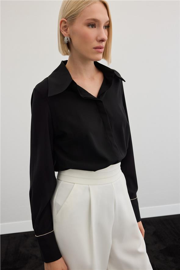 Aksesuarlı Klasik Gömlek - Siyah