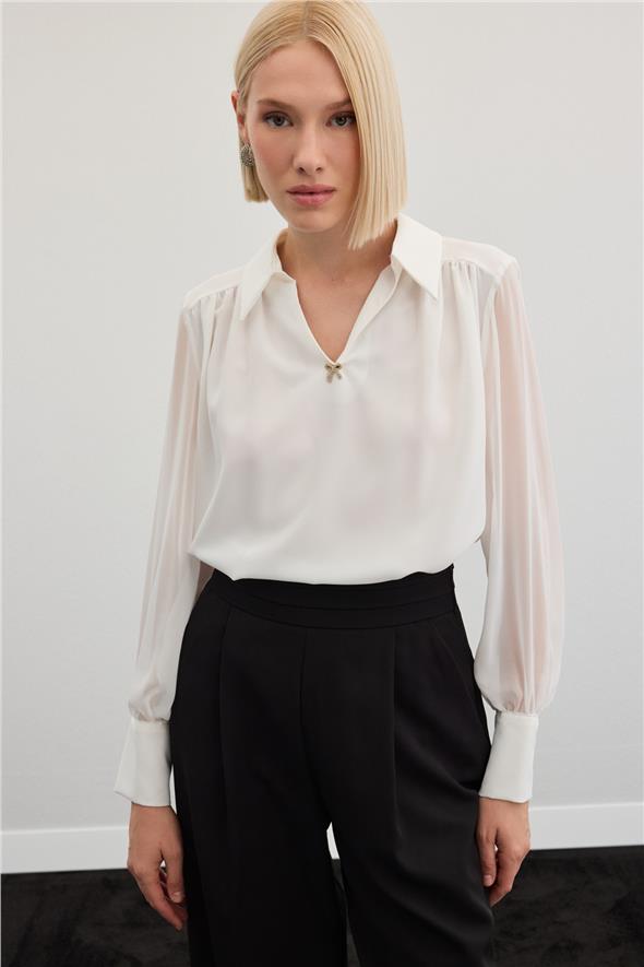 Aksesuarlı Salaş Bluz - Ekru