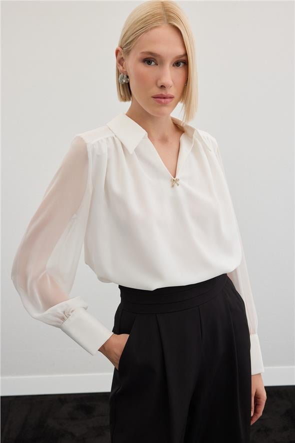 Aksesuarlı Salaş Bluz - Ekru
