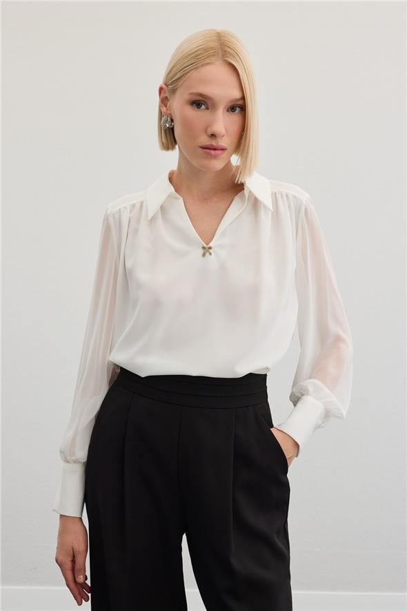 Aksesuarlı Salaş Bluz - Ekru