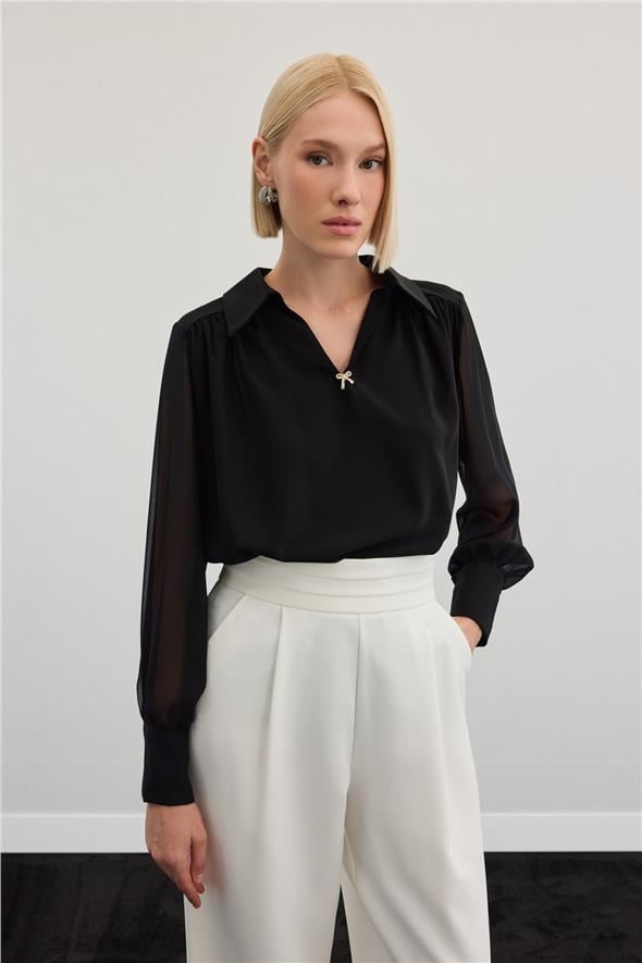 Aksesuarlı Salaş Bluz - Siyah