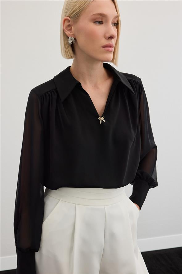 Aksesuarlı Salaş Bluz - Siyah