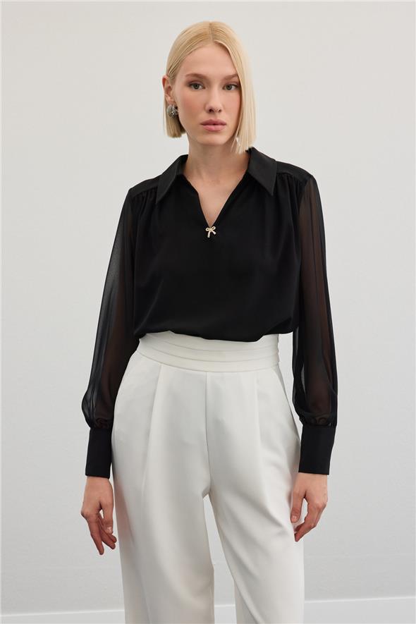Aksesuarlı Salaş Bluz - Siyah