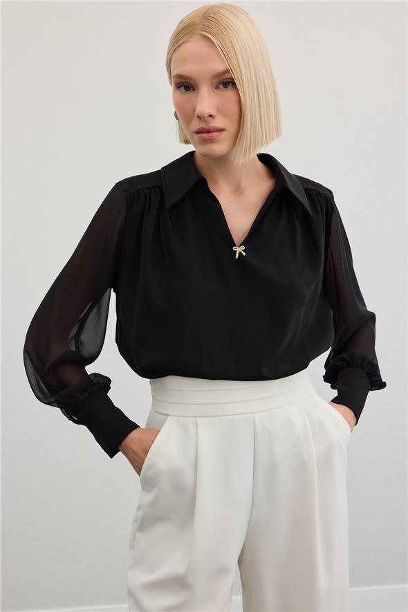 Aksesuarlı Salaş Bluz - Siyah
