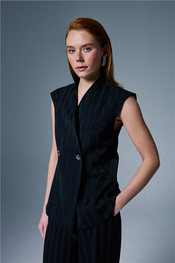 Anna Çizgili Yelek - Siyah