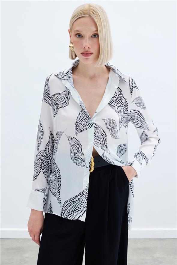 Arkası Uzun Desenli Gömlek - Ekru