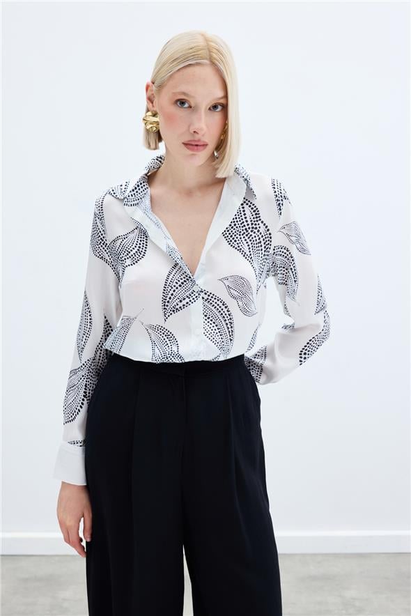 Arkası Uzun Desenli Gömlek - Ekru