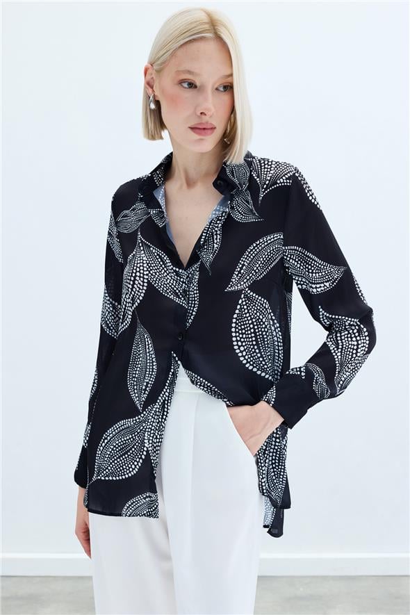 Arkası Uzun Desenli Gömlek - Siyah