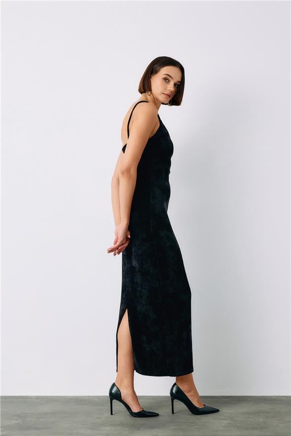 Askılı Kadife Midi Elbise - Siyah