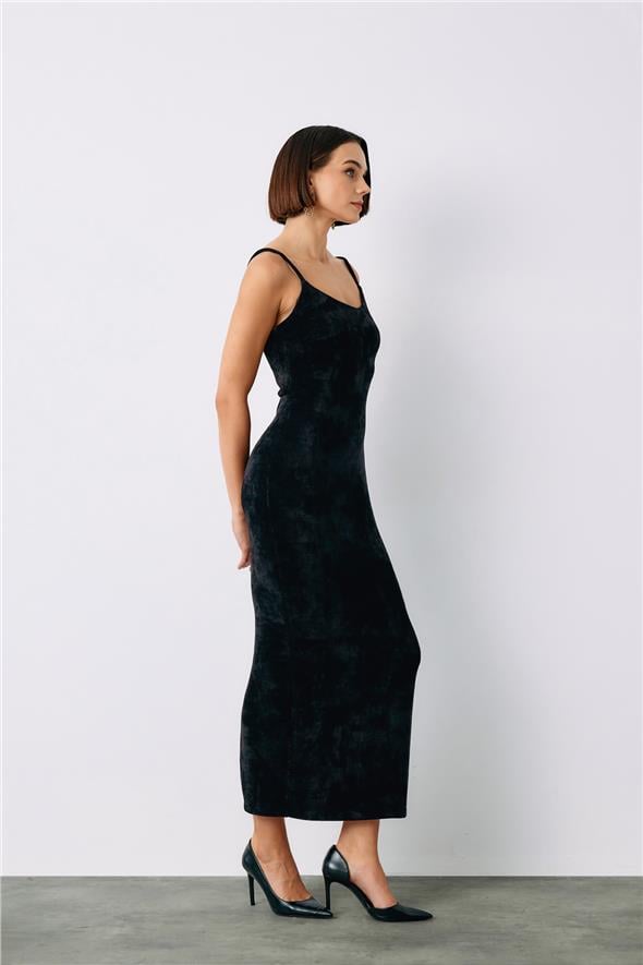 Askılı Kadife Midi Elbise - Siyah