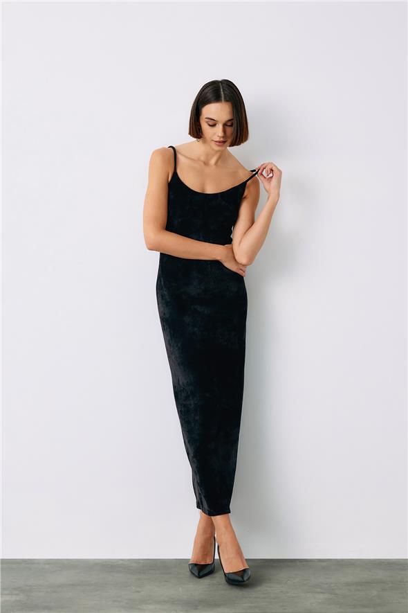 Askılı Kadife Midi Elbise - Siyah