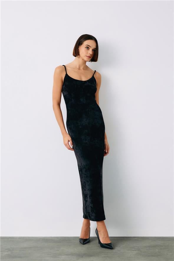 Askılı Kadife Midi Elbise - Siyah