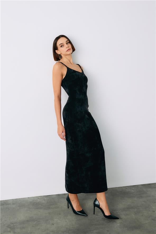 Askılı Kadife Midi Elbise - Siyah