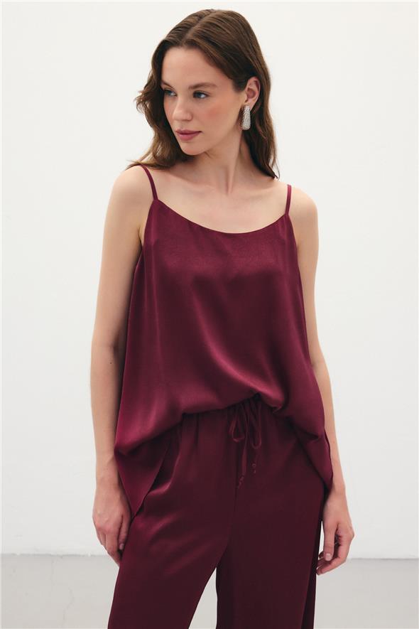 Askılı Saten Bluz - Bordo