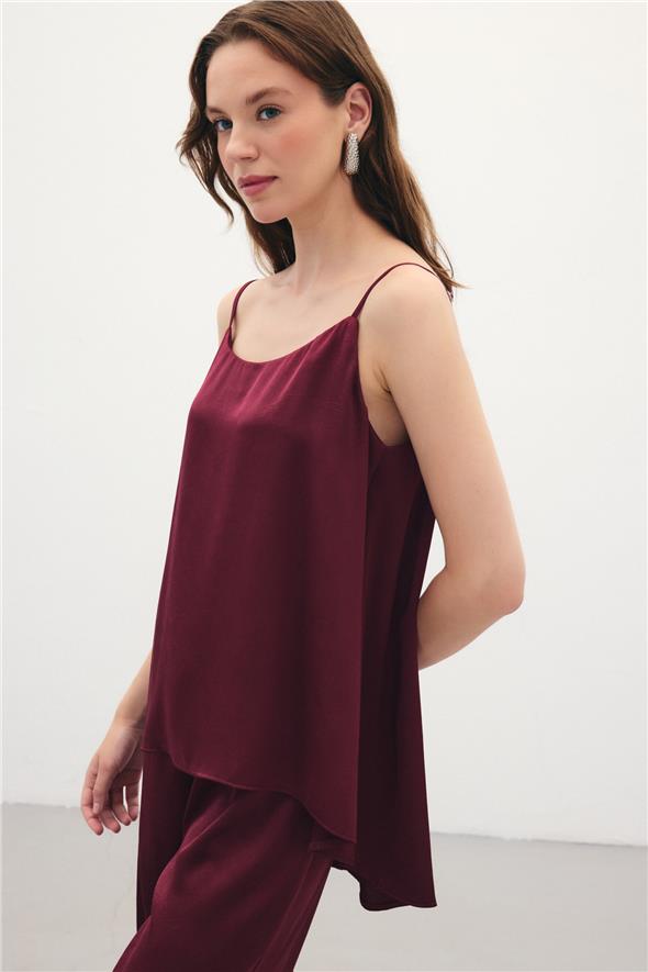 Askılı Saten Bluz - Bordo