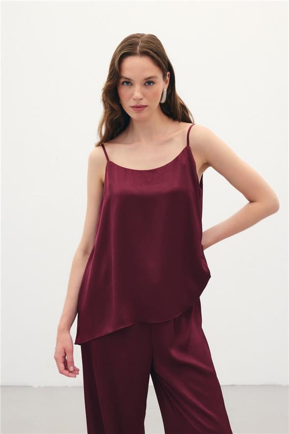 Askılı Saten Bluz - Bordo
